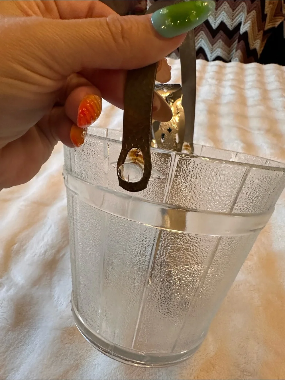 Vintage Textured Glass Ice Bucket with Metal Handle & Tongs